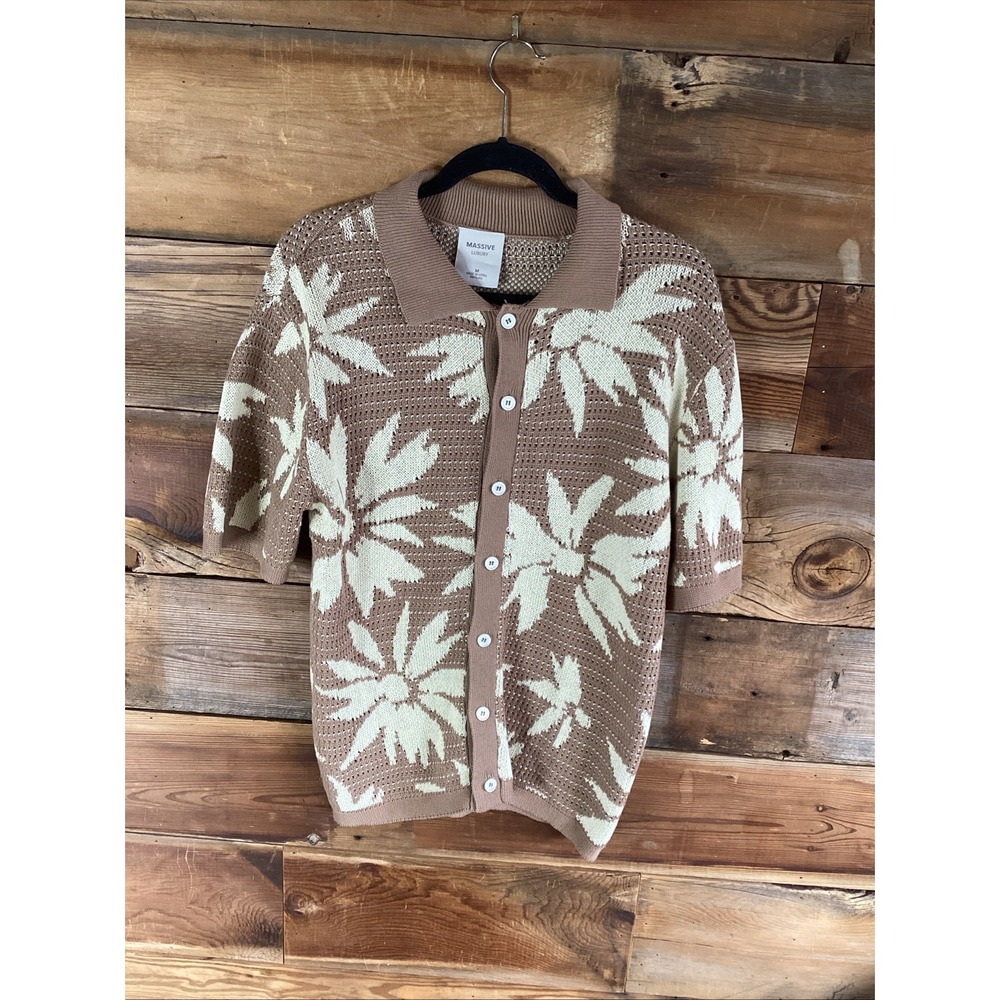 Massive Luxury Floral Loose Knit Polo Cardigan Shirt 100% Cotton M Retro Cabana